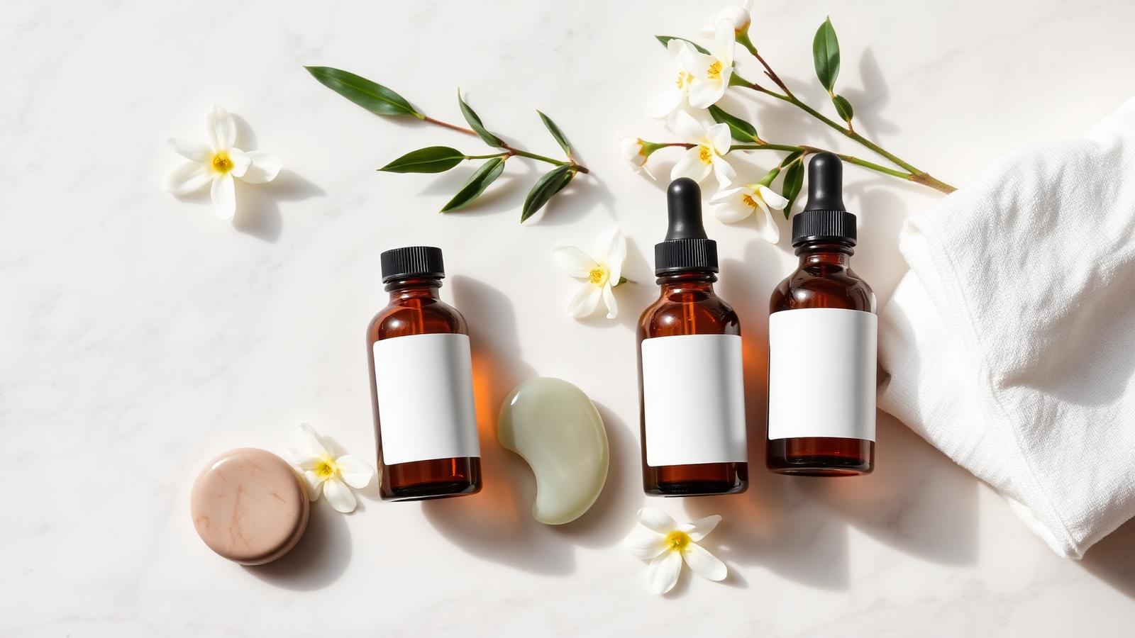 Anti-ageing facial serums, gua sha stone and jasmine flowers at Freeda Body Contour Clinic, London