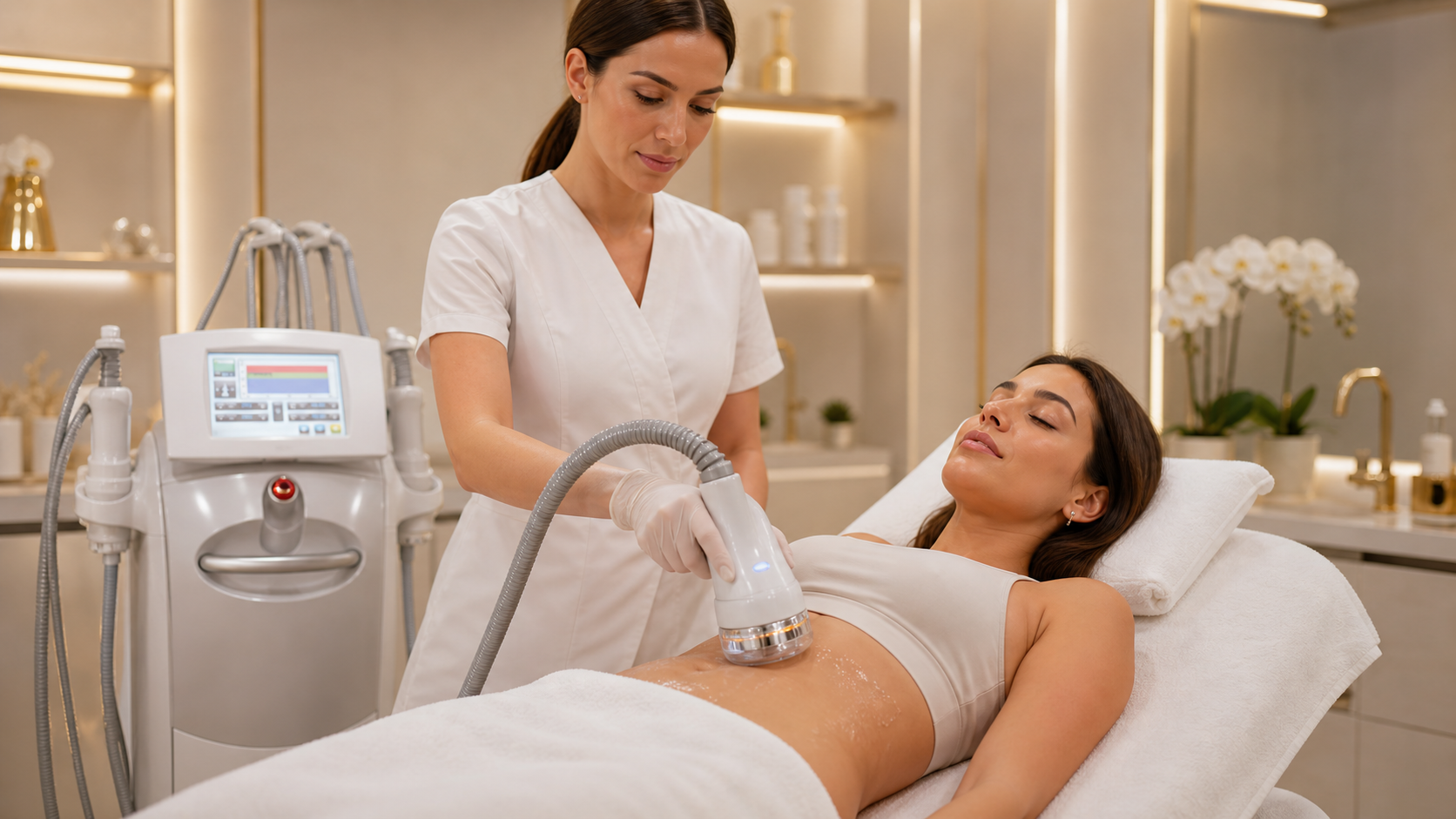4D Lipolysis ultrasound cavitation handpiece on a clean towel at Freeda Body Contour Clinic Barkingside