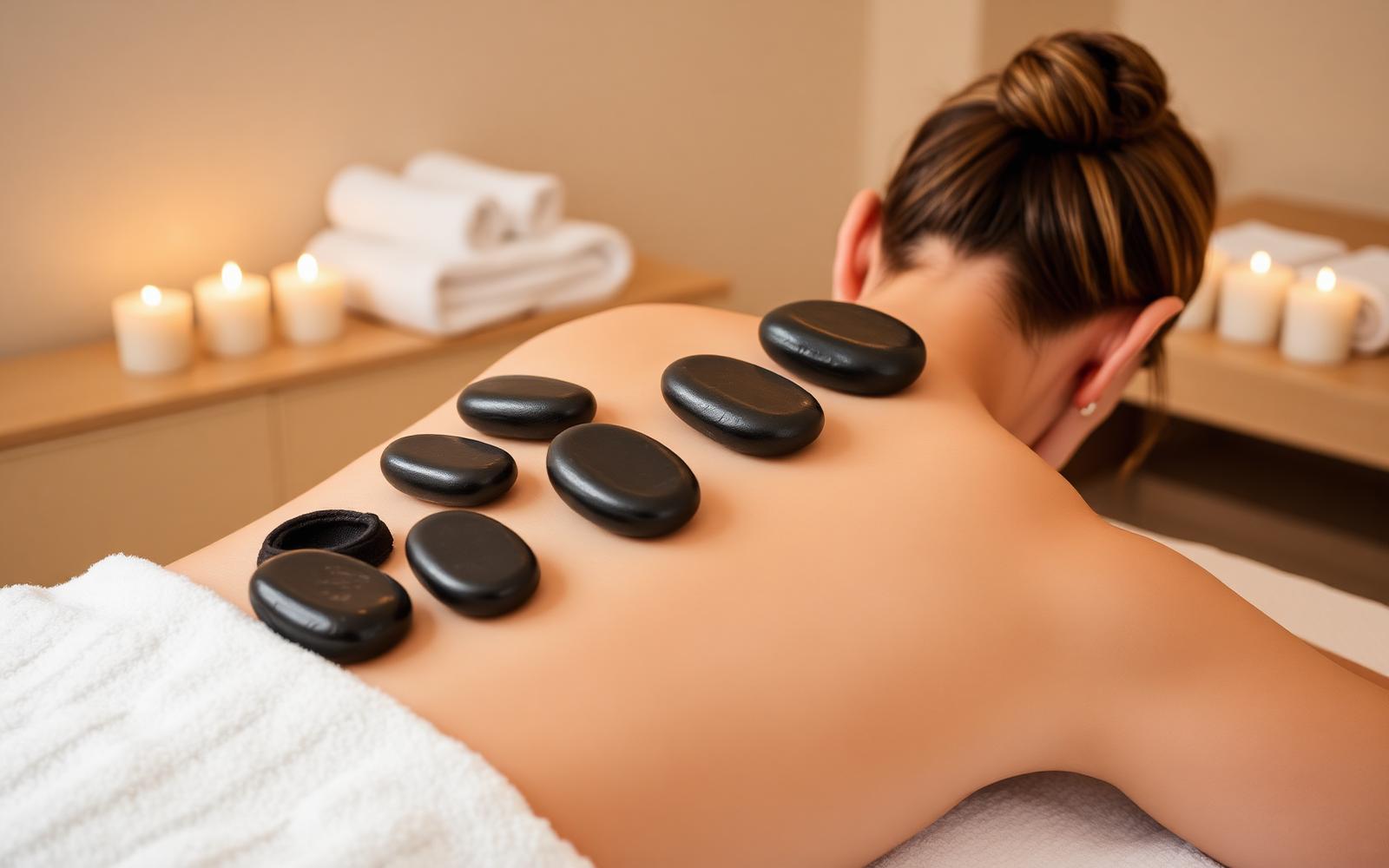 Hot stone massage with smooth basalt stones, warm towels and candles at our London clinic