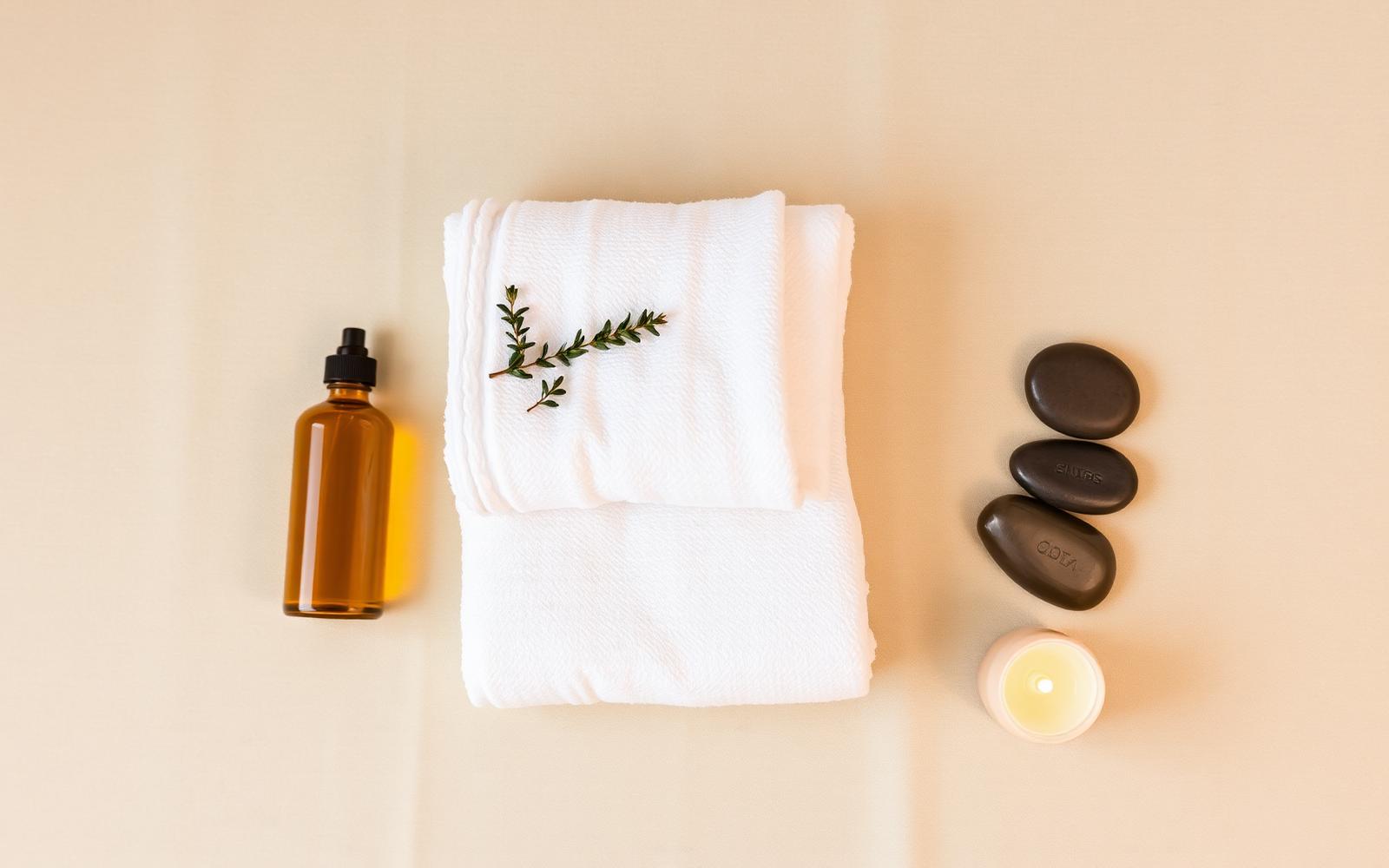 Swedish massage essentials — warm oil, white towels and smooth stones — at Freeda Body Contour Clinic Barkingside, London