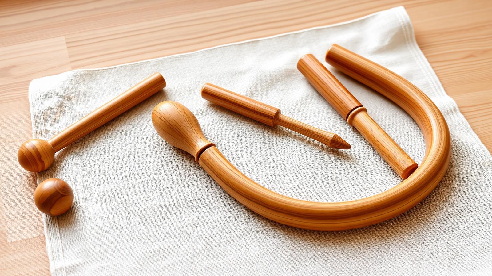 Set of wooden maderotherapy massage tools used for wood therapy in London
